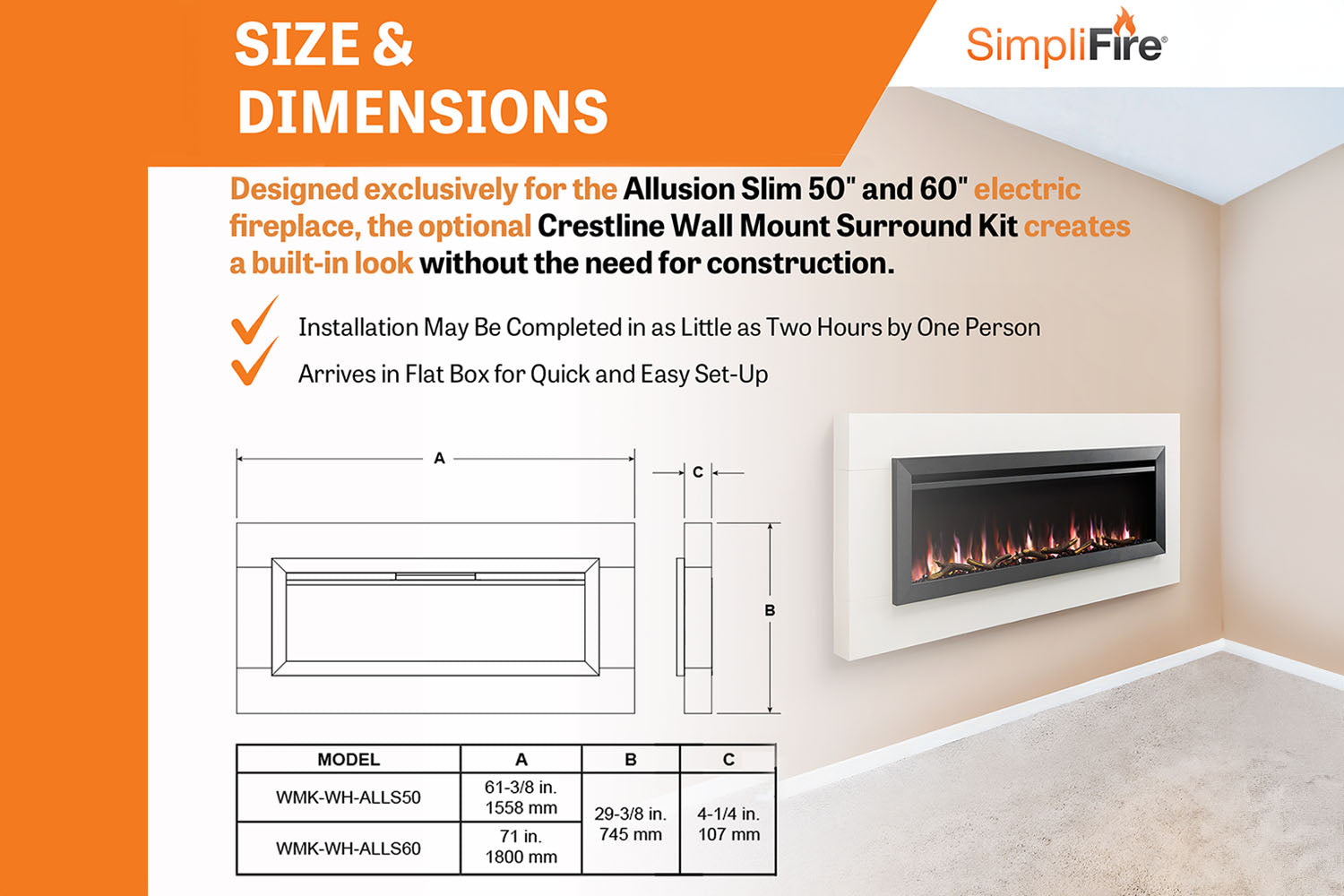SimpliFire Allusion Slim 50'' Wall Mount / Recessed Electric Fireplace