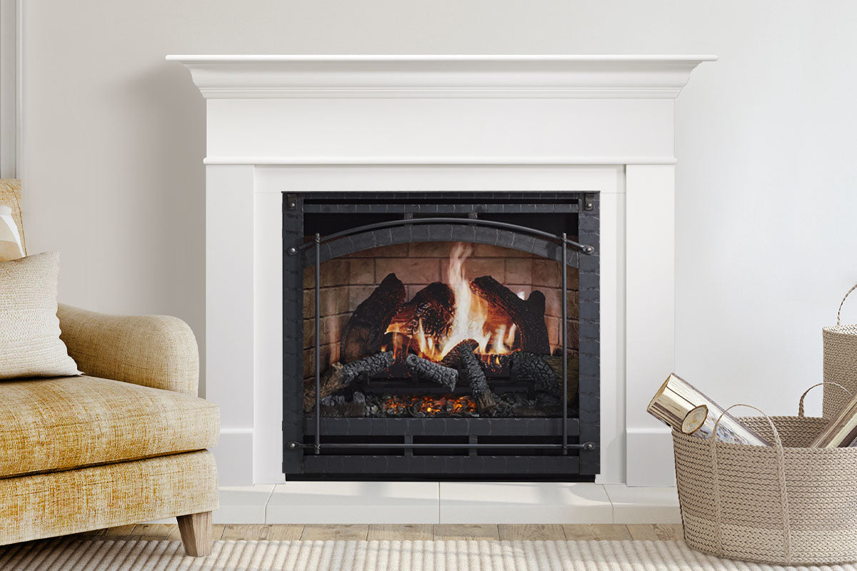 SimpliFire Inception 36" Virtual Fireplace | Wescott Mantel Package | Chateau Forge Front