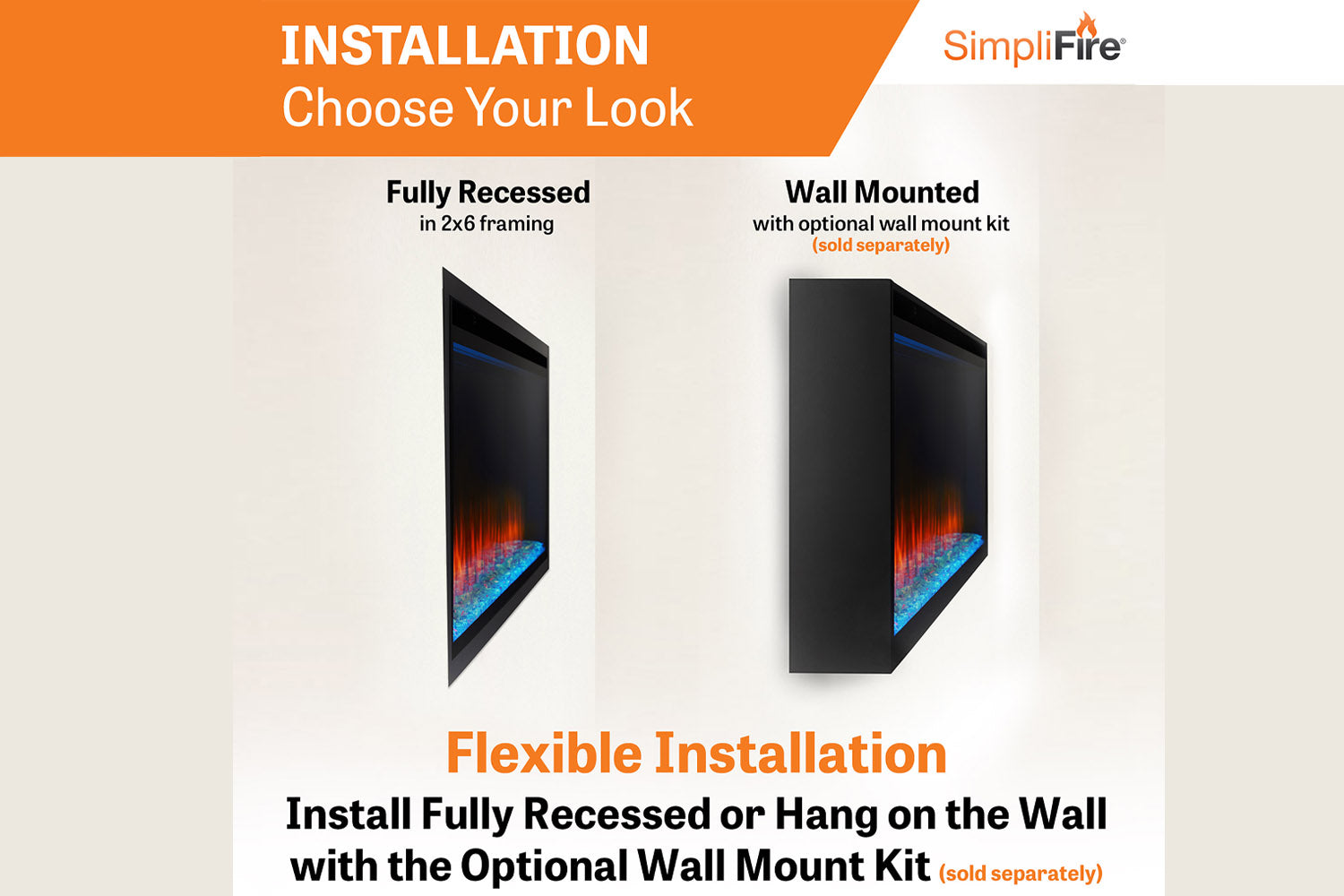 SimpliFire Allusion Platinum 50" Wall Mount / Recessed Linear Electric Fireplace