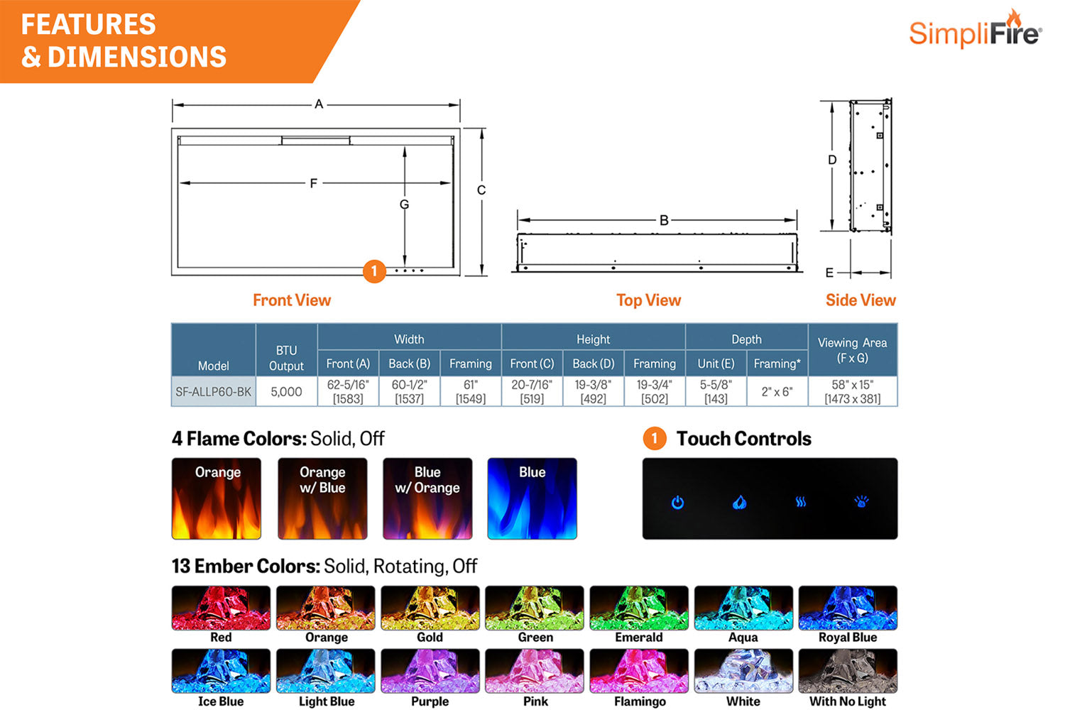 SimpliFire Allusion Platinum 60" Wall Mount / Recessed Linear Electric Fireplace