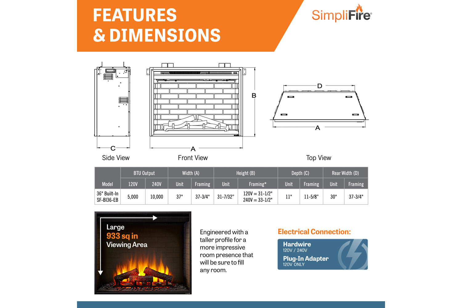 SimpliFire 36" Built-In Electric Firebox