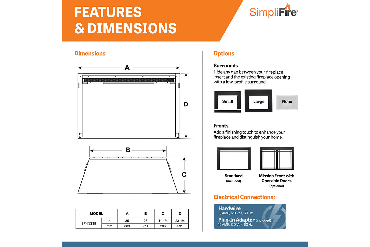 SimpliFire 35" Electric Fireplace Insert