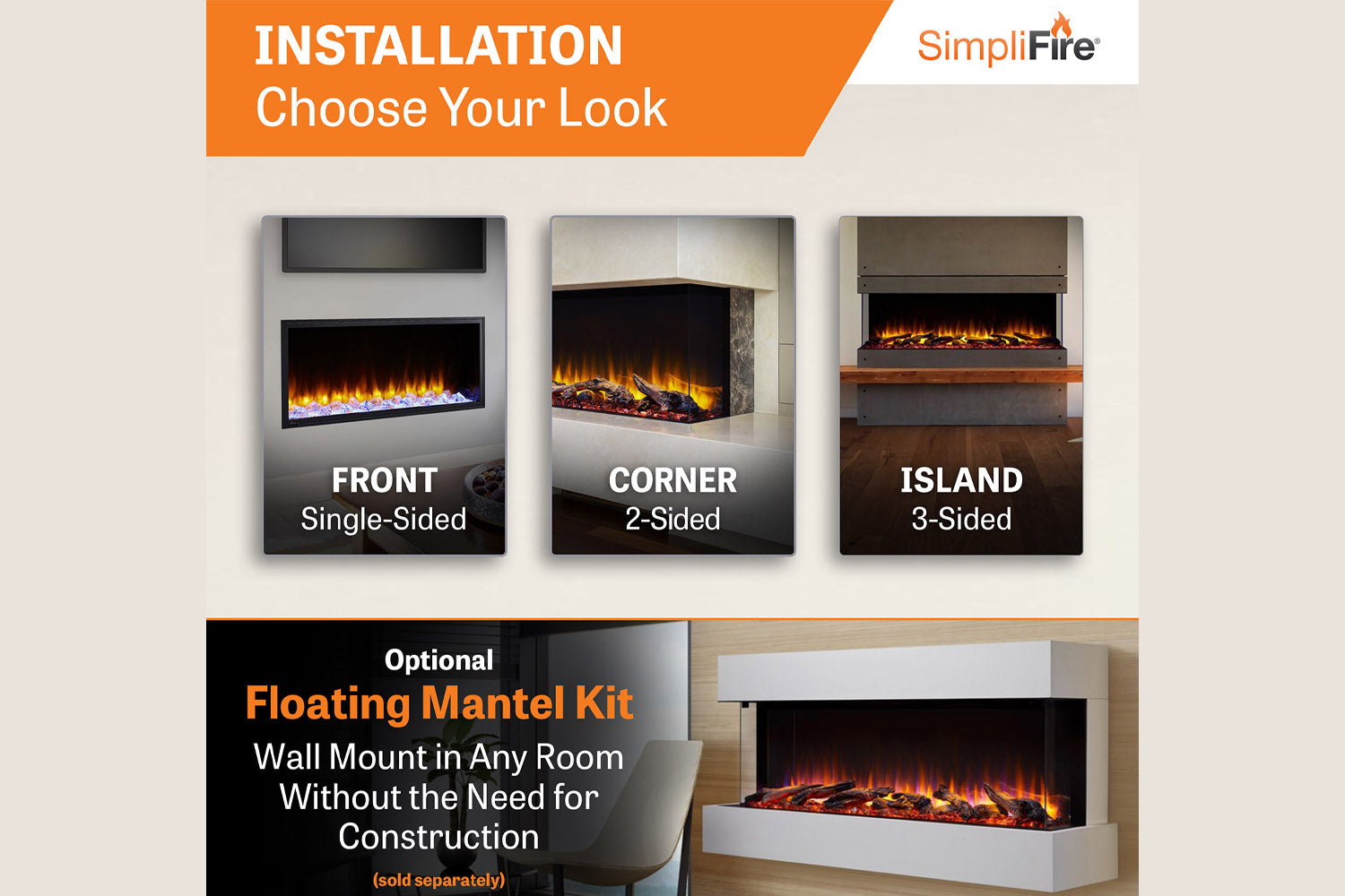 SimpliFire Scion Trinity 55" Multi-Side View Built In Electric Fireplace